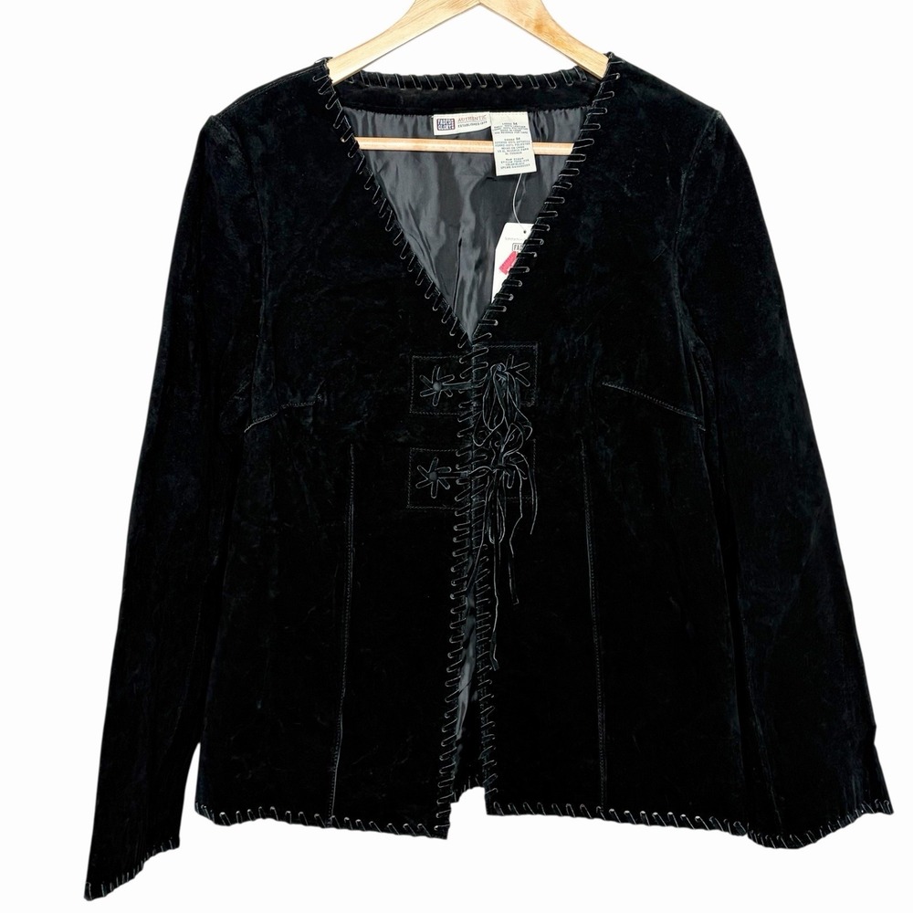 Vintage Suede Leather Tie Jacket Black Womens Size M Western Boho 70s Y2K Hippie